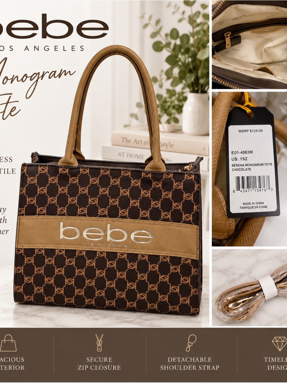 bebe Serena Monogram Tote — Chocolate & Tan